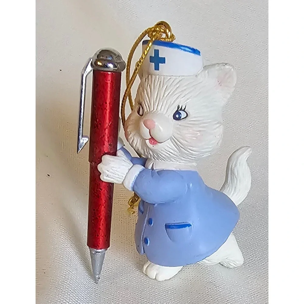 VTG Nurse Cat Christmas Ornament Small Blue White Red Medical Gift